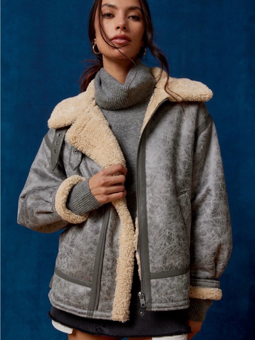 BDG Urban Outfitters Oversized Aviator Jacket Grey XS Faux Shearling